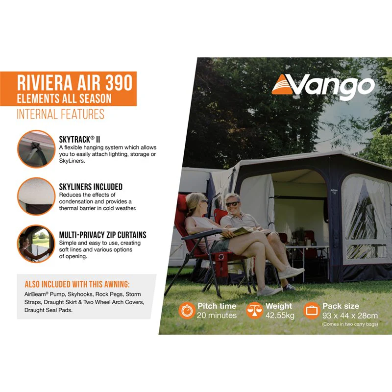 Vango Riviera Air Awning 390 Elements TC Package With Free Tall Annex Elements TC - Riviera, Caravan Awning Side Canopy and    CP225 - Breathable Fitted Carpet - Riviera 390 - Image 4