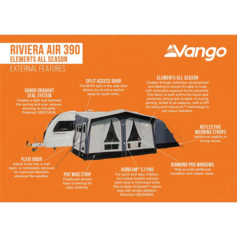 Vango Riviera Air Awning 390 Elements TC Package With Free Tall Annex Elements TC - Riviera, Caravan Awning Side Canopy and    CP225 - Breathable Fitted Carpet - Riviera 390 - Image 6